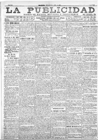 'La publicidad  : diario de avisos noticias y telegramas. Eco fiel de la opinión y verdadero defensor de los intereses morales y materiales de Granada y su provincia' - Año XXX Número 8158  - 1910 Julio 02