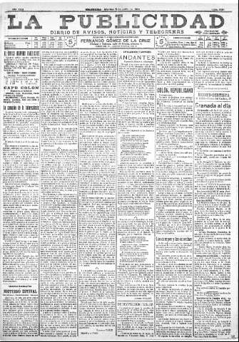 'La publicidad  : diario de avisos noticias y telegramas. Eco fiel de la opinión y verdadero defensor de los intereses morales y materiales de Granada y su provincia' - Año XXX Número 8161  - 1910 Julio 05