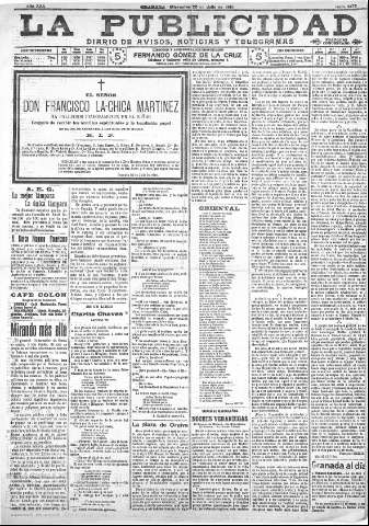 'La publicidad  : diario de avisos noticias y telegramas. Eco fiel de la opinión y verdadero defensor de los intereses morales y materiales de Granada y su provincia' - Año XXX Número 8175  - 1910 Julio 20