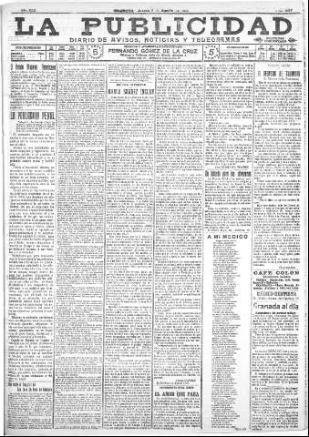 'La publicidad  : diario de avisos noticias y telegramas. Eco fiel de la opinión y verdadero defensor de los intereses morales y materiales de Granada y su provincia' - Año XXX Número 8197  - 1910 Agosto 11