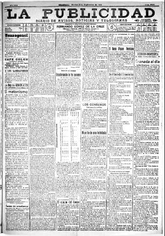 'La publicidad  : diario de avisos noticias y telegramas. Eco fiel de la opinión y verdadero defensor de los intereses morales y materiales de Granada y su provincia' - Año XXX Número 8230  - 1910 Septiembre 13