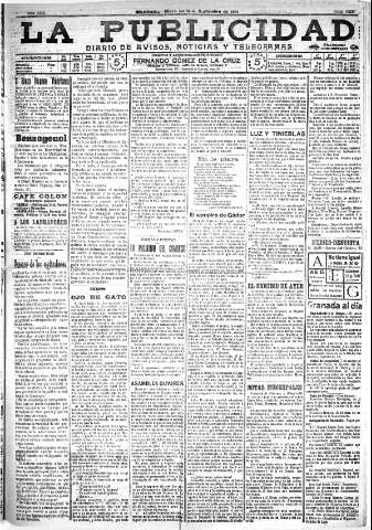'La publicidad  : diario de avisos noticias y telegramas. Eco fiel de la opinión y verdadero defensor de los intereses morales y materiales de Granada y su provincia' - Año XXX Número 8231  - 1910 Septiembre 14