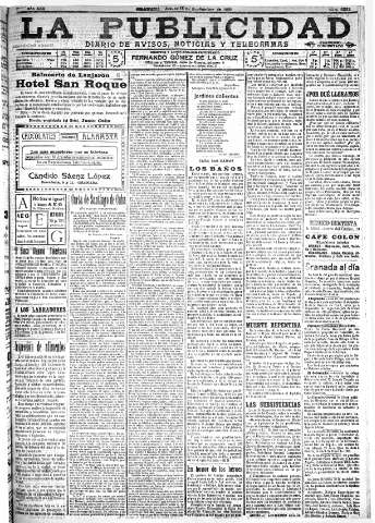 'La publicidad  : diario de avisos noticias y telegramas. Eco fiel de la opinión y verdadero defensor de los intereses morales y materiales de Granada y su provincia' - Año XXX Número 8232  - 1910 Septiembre 15
