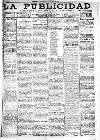 'La publicidad  : diario de avisos noticias y telegramas. Eco fiel de la opinión y verdadero defensor de los intereses morales y materiales de Granada y su provincia' - Año XXX Número 8238  - 1910 Septiembre 21