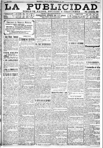 'La publicidad  : diario de avisos noticias y telegramas. Eco fiel de la opinión y verdadero defensor de los intereses morales y materiales de Granada y su provincia' - Año XXX Número 8244  - 1910 Septiembre 27