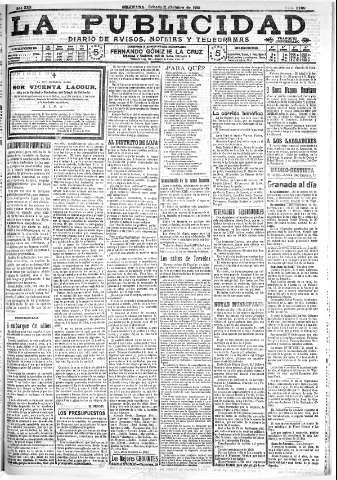 'La publicidad  : diario de avisos noticias y telegramas. Eco fiel de la opinión y verdadero defensor de los intereses morales y materiales de Granada y su provincia' - Año XXX Número 8269  - 1910 Octubre 22