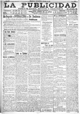 'La publicidad  : diario de avisos noticias y telegramas. Eco fiel de la opinión y verdadero defensor de los intereses morales y materiales de Granada y su provincia' - Año XXX Número 8270  - 1910 Octubre 23