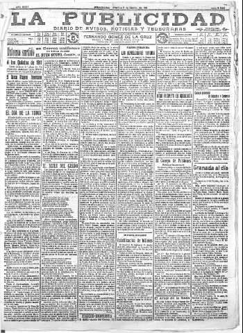 'La publicidad  : diario de avisos noticias y telegramas. Eco fiel de la opinión y verdadero defensor de los intereses morales y materiales de Granada y su provincia' - Año XXXI Número 8342  - 1911 Enero 03