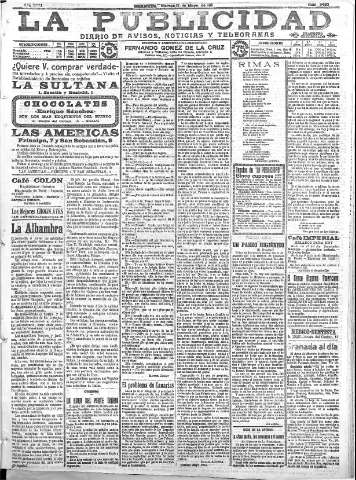 'La publicidad  : diario de avisos noticias y telegramas. Eco fiel de la opinión y verdadero defensor de los intereses morales y materiales de Granada y su provincia' - Año XXXI Número 3483  - 1911 Mayo 12
