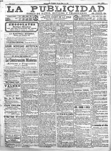 'La publicidad  : diario de avisos noticias y telegramas. Eco fiel de la opinión y verdadero defensor de los intereses morales y materiales de Granada y su provincia' - Año XXXI Número 3520  - 1911 Junio 18