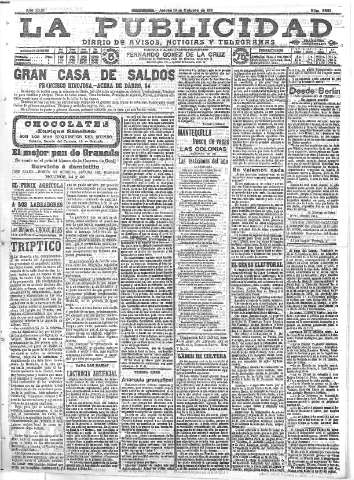 'La publicidad  : diario de avisos noticias y telegramas. Eco fiel de la opinión y verdadero defensor de los intereses morales y materiales de Granada y su provincia' - Año XXXI Número 8551  - 1911 Octubre 19