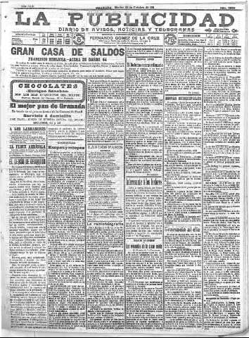 'La publicidad  : diario de avisos noticias y telegramas. Eco fiel de la opinión y verdadero defensor de los intereses morales y materiales de Granada y su provincia' - Año XXXI Número 8556  - 1911 Octubre 24