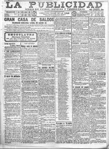 'La publicidad  : diario de avisos noticias y telegramas. Eco fiel de la opinión y verdadero defensor de los intereses morales y materiales de Granada y su provincia' - Año XXXI Número 8574  - 1911 Noviembre 12