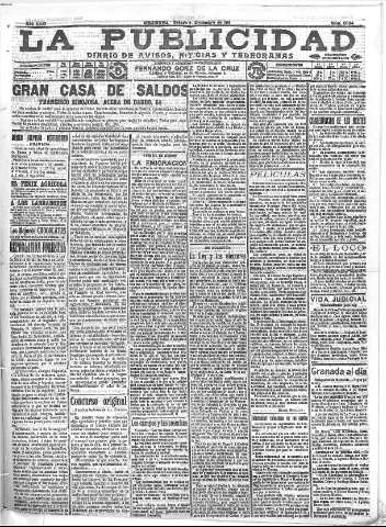 'La publicidad  : diario de avisos noticias y telegramas. Eco fiel de la opinión y verdadero defensor de los intereses morales y materiales de Granada y su provincia' - Año XXXI Número 8594  - 1911 Diciembre 02