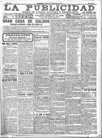 'La publicidad  : diario de avisos noticias y telegramas. Eco fiel de la opinión y verdadero defensor de los intereses morales y materiales de Granada y su provincia' - Año XXXI Número 8597  - 1911 Diciembre 05