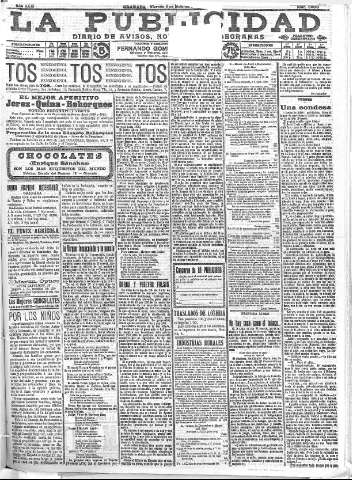 'La publicidad  : diario de avisos noticias y telegramas. Eco fiel de la opinión y verdadero defensor de los intereses morales y materiales de Granada y su provincia' - Año XXXI Número 8600  - 1911 Diciembre 08