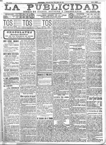 'La publicidad  : diario de avisos noticias y telegramas. Eco fiel de la opinión y verdadero defensor de los intereses morales y materiales de Granada y su provincia' - Año XXXI Número 8608  - 1911 Diciembre 16