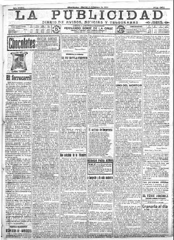 'La publicidad  : diario de avisos noticias y telegramas. Eco fiel de la opinión y verdadero defensor de los intereses morales y materiales de Granada y su provincia' - Año XXXII Número 8659  - 1912 Febrero 06