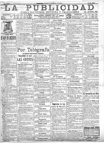 'La publicidad  : diario de avisos noticias y telegramas. Eco fiel de la opinión y verdadero defensor de los intereses morales y materiales de Granada y su provincia' - Año XXXII Número 8665  - 1912 Febrero 12
