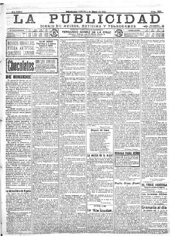 'La publicidad  : diario de avisos noticias y telegramas. Eco fiel de la opinión y verdadero defensor de los intereses morales y materiales de Granada y su provincia' - Año XXXII Número 8691  - 1912 Marzo 09