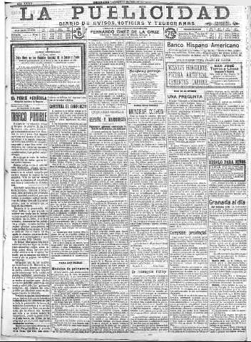 'La publicidad  : diario de avisos noticias y telegramas. Eco fiel de la opinión y verdadero defensor de los intereses morales y materiales de Granada y su provincia' - Año XXXII Número 8699  - 1912 Marzo 17