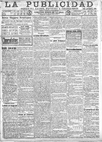 'La publicidad  : diario de avisos noticias y telegramas. Eco fiel de la opinión y verdadero defensor de los intereses morales y materiales de Granada y su provincia' - Año XXXII Número 8702  - 1912 Marzo 20