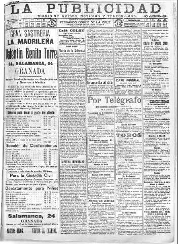 'La publicidad  : diario de avisos noticias y telegramas. Eco fiel de la opinión y verdadero defensor de los intereses morales y materiales de Granada y su provincia' - Año XXXII Número 8865  - 1912 Septiembre 02