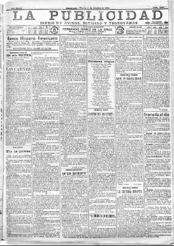 'La publicidad  : diario de avisos noticias y telegramas. Eco fiel de la opinión y verdadero defensor de los intereses morales y materiales de Granada y su provincia' - Año XXXII Número 8897  - 1912 Octubre 04