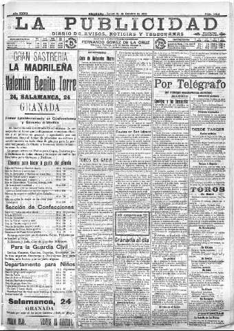 'La publicidad  : diario de avisos noticias y telegramas. Eco fiel de la opinión y verdadero defensor de los intereses morales y materiales de Granada y su provincia' - Año XXXII Número 8914  - 1912 Octubre 21