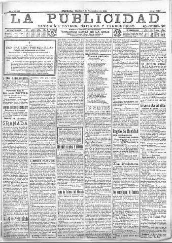 'La publicidad  : diario de avisos noticias y telegramas. Eco fiel de la opinión y verdadero defensor de los intereses morales y materiales de Granada y su provincia' - Año XXXII Número 8930  - 1912 Noviembre 26