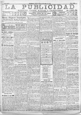 'La publicidad  : diario de avisos noticias y telegramas. Eco fiel de la opinión y verdadero defensor de los intereses morales y materiales de Granada y su provincia' - Año XXXII Número 8931  - 1912 Noviembre 27