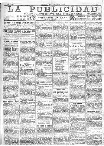 'La publicidad  : diario de avisos noticias y telegramas. Eco fiel de la opinión y verdadero defensor de los intereses morales y materiales de Granada y su provincia' - Año XXXIII Número 9051  - 1913 Abril 03