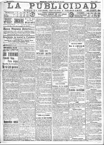 'La publicidad  : diario de avisos noticias y telegramas. Eco fiel de la opinión y verdadero defensor de los intereses morales y materiales de Granada y su provincia' - Año XXXIII Número 9067  - 1913 Abril 20