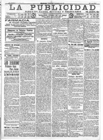 'La publicidad  : diario de avisos noticias y telegramas. Eco fiel de la opinión y verdadero defensor de los intereses morales y materiales de Granada y su provincia' - Año XXXIV Número 9337  - 1914 Enero 11