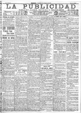 'La publicidad  : diario de avisos noticias y telegramas. Eco fiel de la opinión y verdadero defensor de los intereses morales y materiales de Granada y su provincia' - Año XXXIV Número 9366  - 1914 Febrero 08