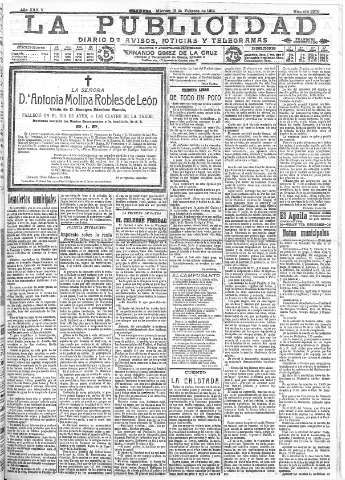 'La publicidad  : diario de avisos noticias y telegramas. Eco fiel de la opinión y verdadero defensor de los intereses morales y materiales de Granada y su provincia' - Año XXXIV Número 9376  - 1914 Febrero 18