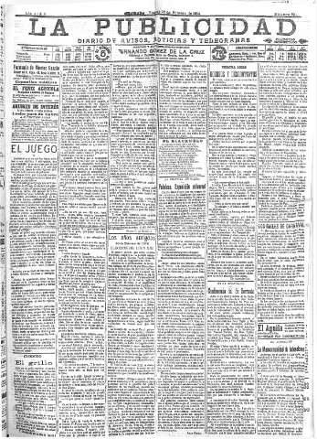 'La publicidad  : diario de avisos noticias y telegramas. Eco fiel de la opinión y verdadero defensor de los intereses morales y materiales de Granada y su provincia' - Año XXXIV Número 9378  - 1914 Febrero 20