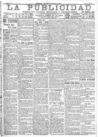 'La publicidad  : diario de avisos noticias y telegramas. Eco fiel de la opinión y verdadero defensor de los intereses morales y materiales de Granada y su provincia' - Año XXXIV Número 9380  - 1914 Febrero 22