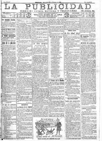 'La publicidad  : diario de avisos noticias y telegramas. Eco fiel de la opinión y verdadero defensor de los intereses morales y materiales de Granada y su provincia' - Año XXXIV Número 9383  - 1914 Febrero 25