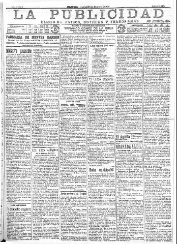 'La publicidad  : diario de avisos noticias y telegramas. Eco fiel de la opinión y verdadero defensor de los intereses morales y materiales de Granada y su provincia' - Año XXXIV Número 9384  - 1914 Febrero 26