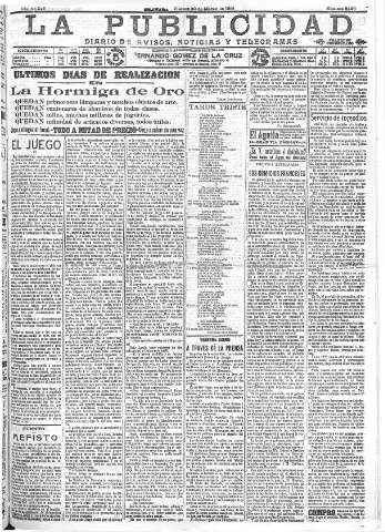 'La publicidad  : diario de avisos noticias y telegramas. Eco fiel de la opinión y verdadero defensor de los intereses morales y materiales de Granada y su provincia' - Año XXXIV Número 9406  - 1914 Marzo 20