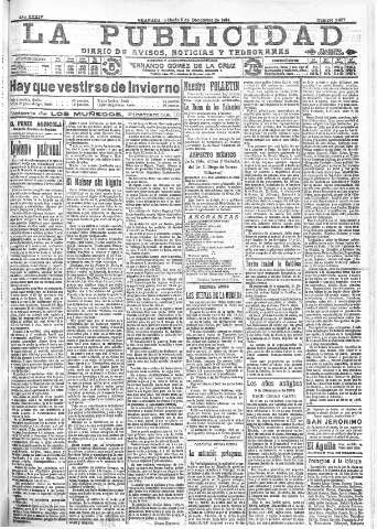 'La publicidad  : diario de avisos noticias y telegramas. Eco fiel de la opinión y verdadero defensor de los intereses morales y materiales de Granada y su provincia' - Año XXXIV Número 9657  - 1914 Diciembre 05