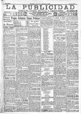 'La publicidad  : diario de avisos noticias y telegramas. Eco fiel de la opinión y verdadero defensor de los intereses morales y materiales de Granada y su provincia' - Año XXXIV Número 9676  - 1914 Diciembre 24