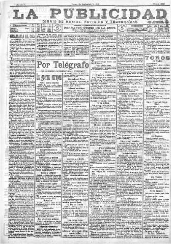'La publicidad  : diario de avisos noticias y telegramas. Eco fiel de la opinión y verdadero defensor de los intereses morales y materiales de Granada y su provincia' - Año XXXVI Número 10226  - 1916 Septiembre 04