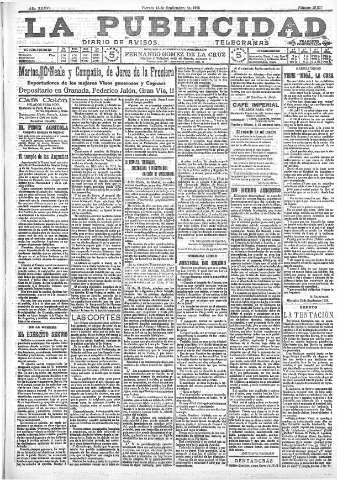 'La publicidad  : diario de avisos noticias y telegramas. Eco fiel de la opinión y verdadero defensor de los intereses morales y materiales de Granada y su provincia' - Año XXXVI Número 10237  - 1916 Septiembre 15