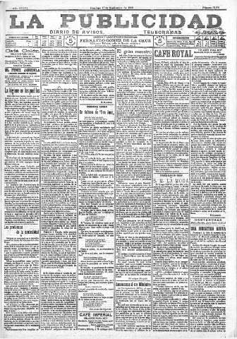 'La publicidad  : diario de avisos noticias y telegramas. Eco fiel de la opinión y verdadero defensor de los intereses morales y materiales de Granada y su provincia' - Año XXXVI Número 10239  - 1916 Septiembre 17