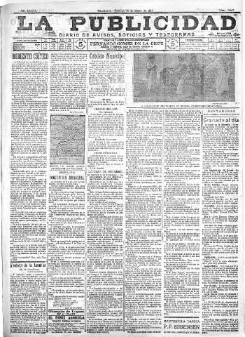 'La publicidad  : diario de avisos noticias y telegramas. Eco fiel de la opinión y verdadero defensor de los intereses morales y materiales de Granada y su provincia' - Año XXXVII Número 10407  - 1917 Marzo 18