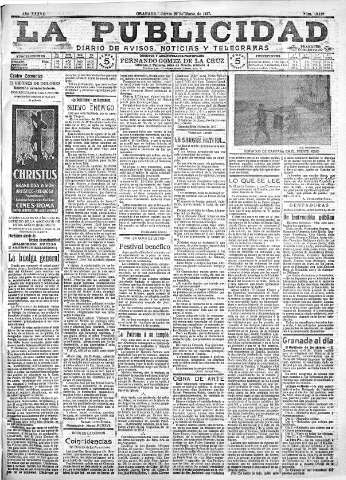'La publicidad  : diario de avisos noticias y telegramas. Eco fiel de la opinión y verdadero defensor de los intereses morales y materiales de Granada y su provincia' - Año XXXVII Número 10418  - 1917 Marzo 29