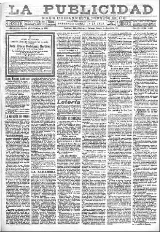 'La publicidad  : diario de avisos noticias y telegramas. Eco fiel de la opinión y verdadero defensor de los intereses morales y materiales de Granada y su provincia' - Año XL Número 18375  - 1920 Octubre 28
