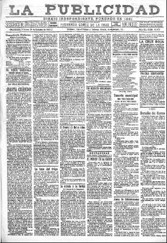 'La publicidad  : diario de avisos noticias y telegramas. Eco fiel de la opinión y verdadero defensor de los intereses morales y materiales de Granada y su provincia' - Año XL Número 18376  - 1920 Octubre 29